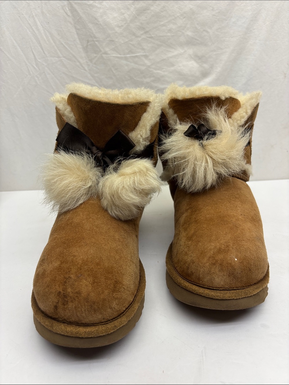 UGG Brown Faux-Suede Fur-Trim Boot with Pom Pom, SZ 8